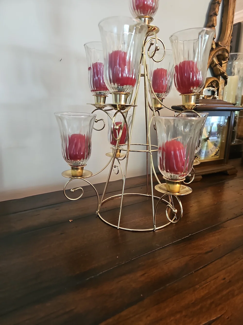 Home Interiors Gold Multi-Tier Candle Candelabra with Red Candles & Glass Shades